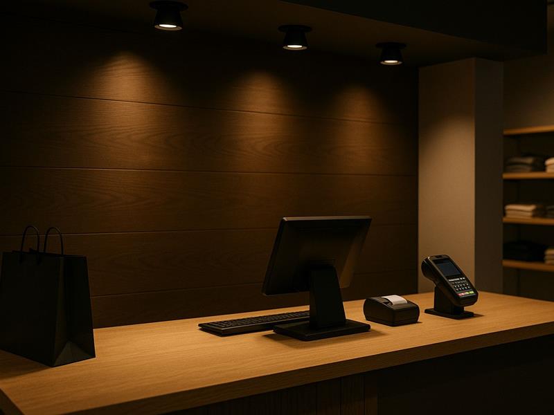 Comptoir de caisse : éclairage de tâche ciblé, lecture claire et faible éblouissement