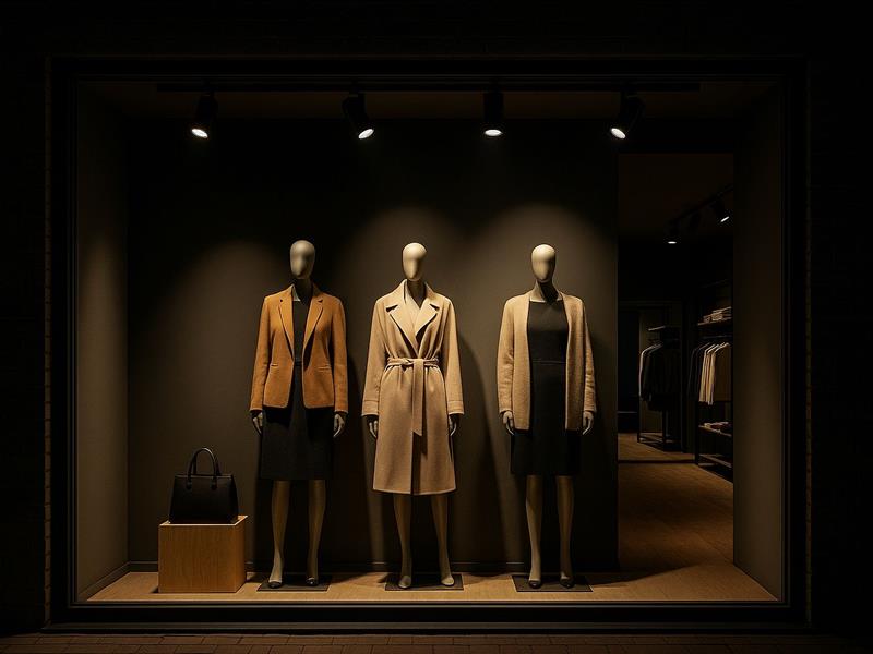 Vitrine de boutique : projecteurs LED et spots sur rail créant une accentuation nette
