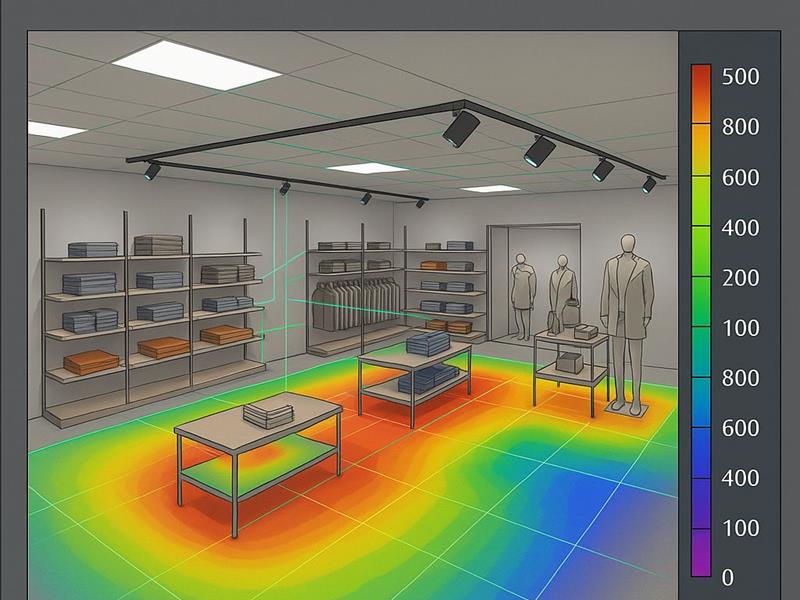 Étude d’éclairage DIALux : simulation des niveaux en lux par zone de vente